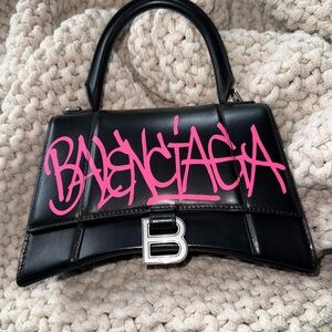 Authentic Balenciaga Black Leather Mini Top-Handle Bag with Pink Graffiti Logo